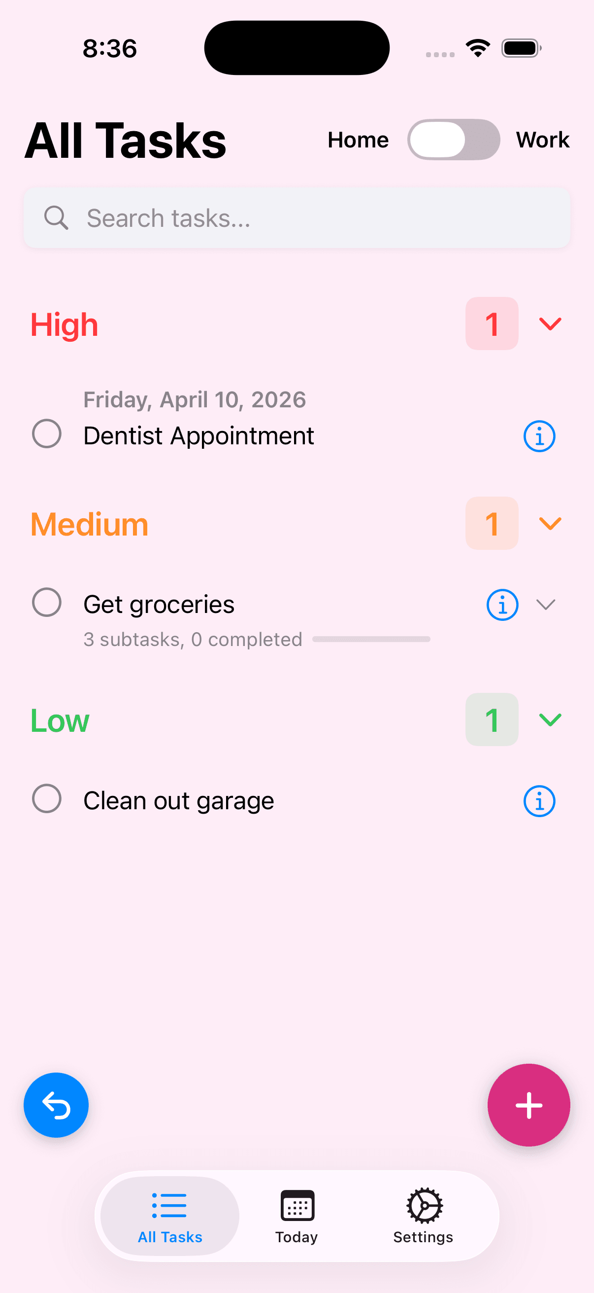All Tasks screen in pink theme with High, Medium, and Low sections