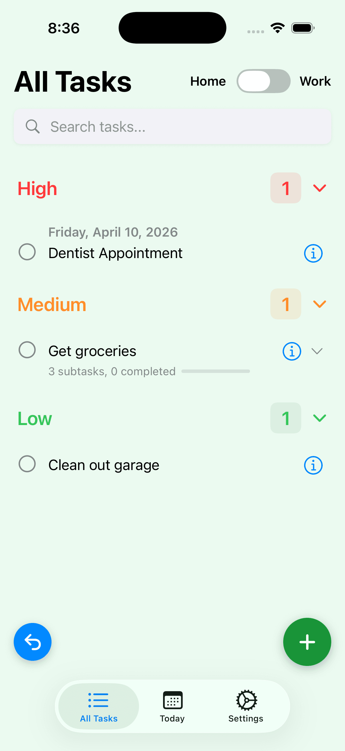 All Tasks screen in teal theme with High, Medium, and Low sections